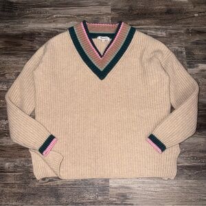 Madewell Tipped Forest V-Neck Wool Blend Sweater Sweater With Pink Green Trim